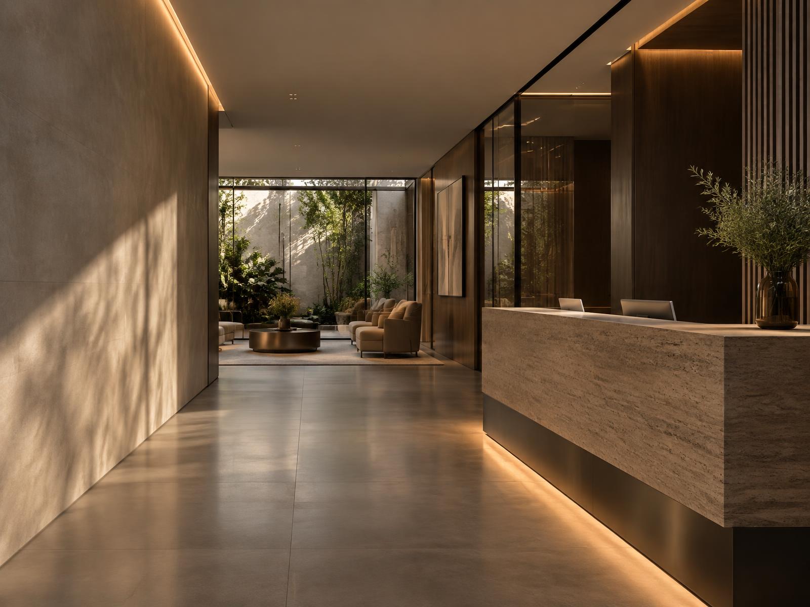 Arquitetura clínica contemporânea, com luz natural e atmosfera de precisão